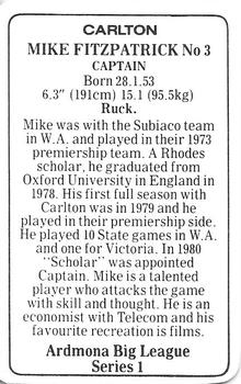 1981 Ardmona Big League Series 1 Carlton Blues (VFL) #NNO Mike Fitzpatrick Back